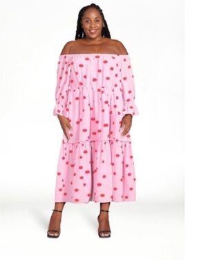 Scoop | Off-Shoulder Pink Polka Dot Midi Dress XL